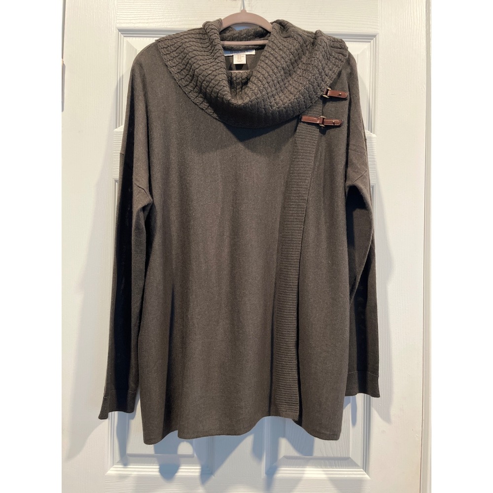 Ellen Tracy Olive Green Cowl Neck Sweater Buckle Detail Wrap Front Tunic XL